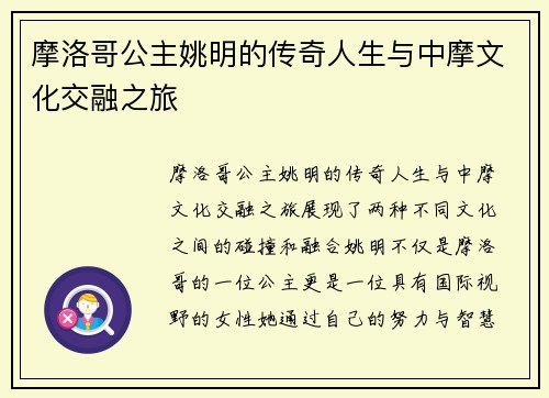 摩洛哥公主姚明的传奇人生与中摩文化交融之旅